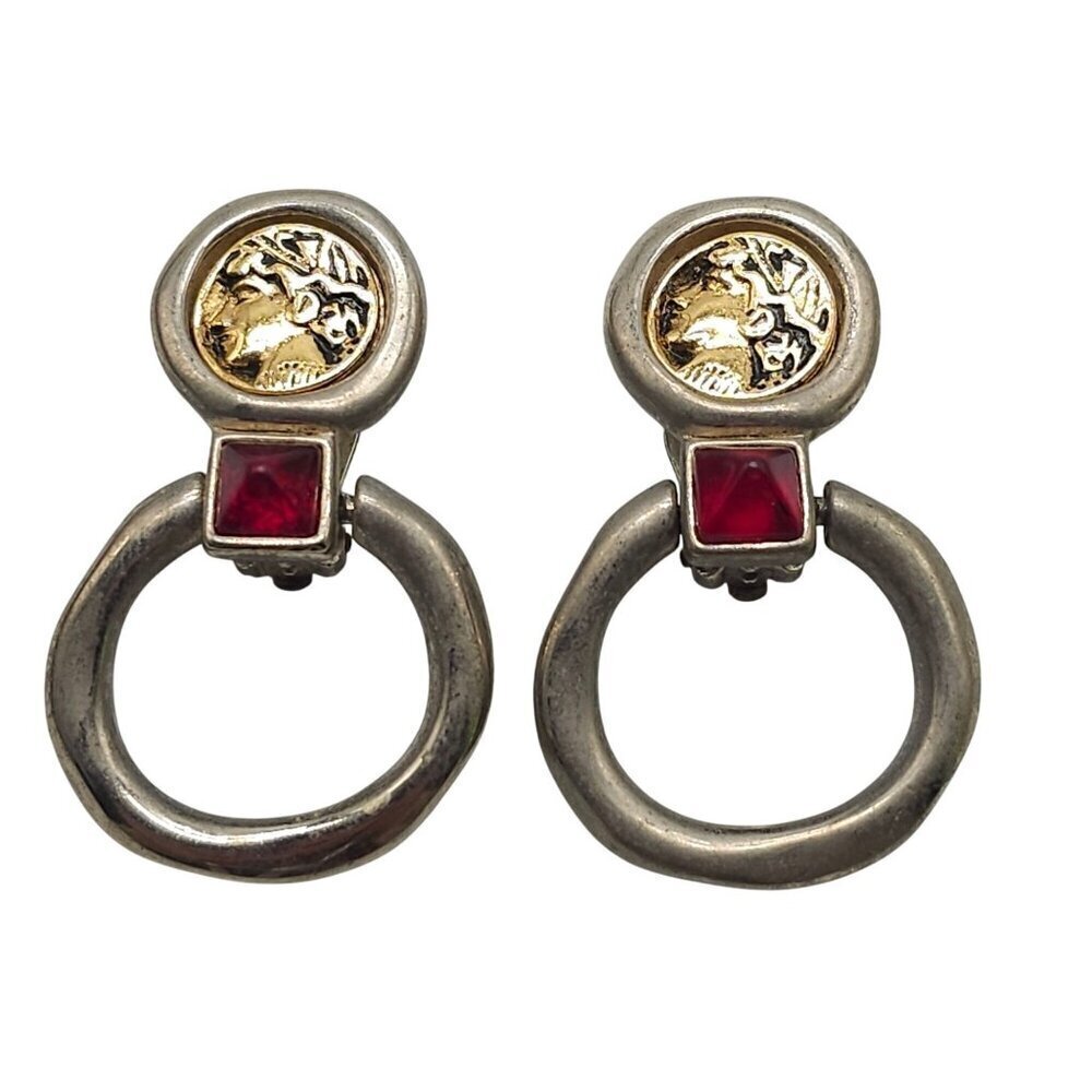 Vintage Gold Silver Tone Clip-On Earrings Red Gemstone Roman Coin Design